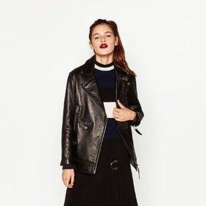 Zara Longline Biker Real Leather Jacket (Small)